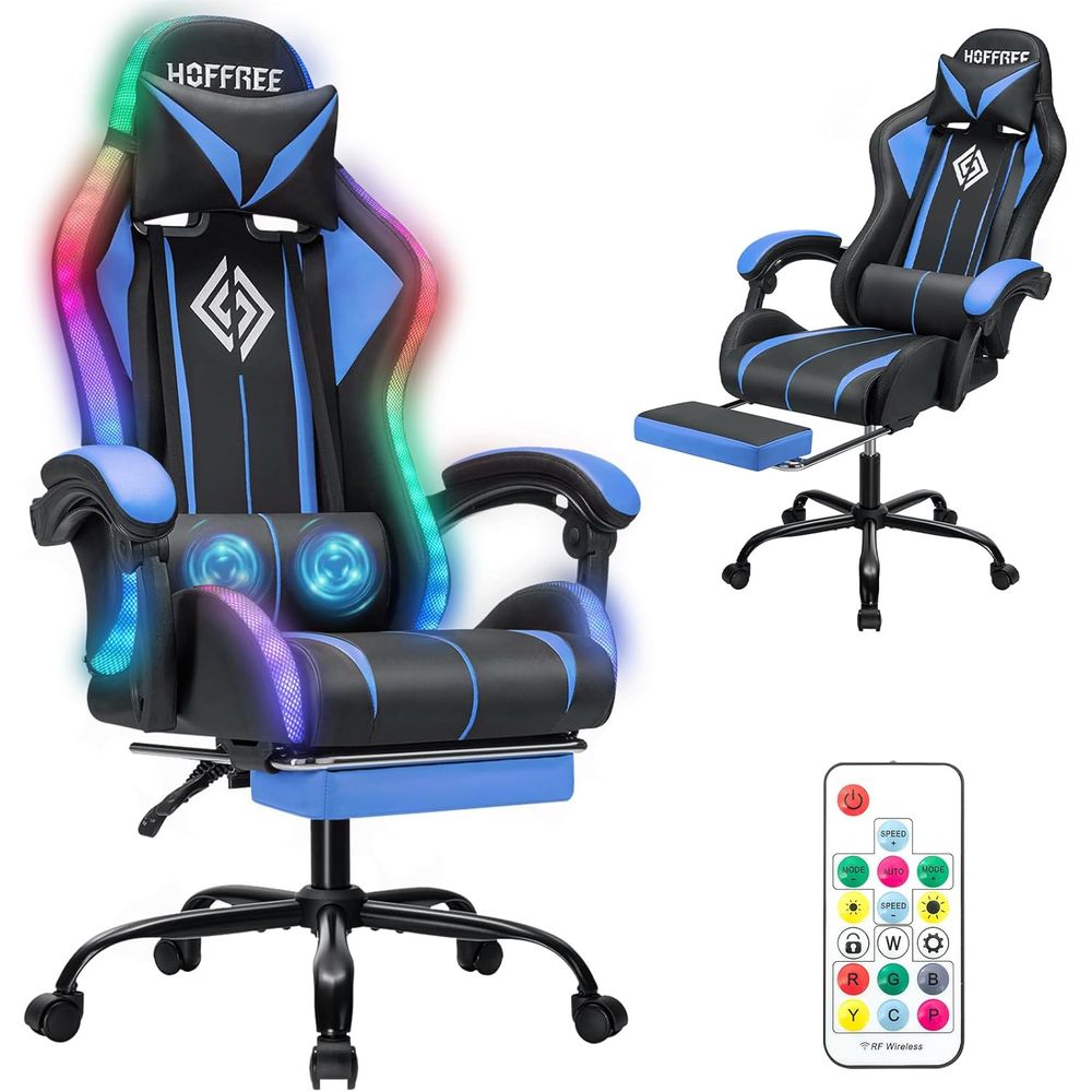 Video Games - เก้าอี้เกมมิ่ง LED พร้อมไฟ RGB นวดตัว เก้าอี้เกมคอมพิวเตอร์-สีน้ำเงิน